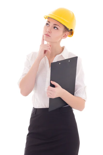 Young beautiful business woman architect in builder helmet dream — Stock Photo, Image