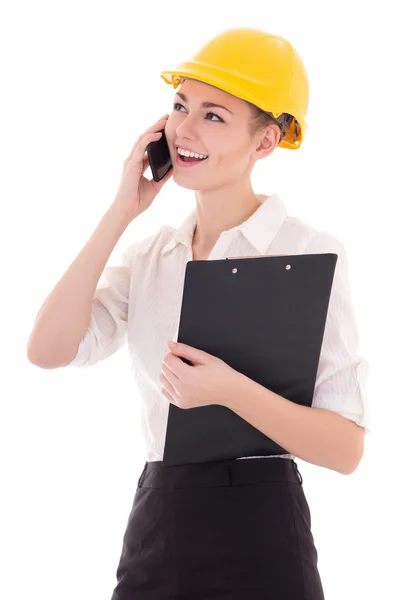 Young beautiful business woman architect in builder helmet talki — Stock Photo, Image