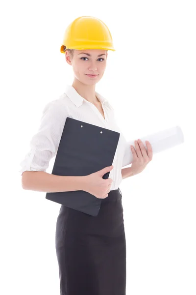 Biznes kobieta architekt w Konstruktorze kask na białym tle — Zdjęcie stockowe
