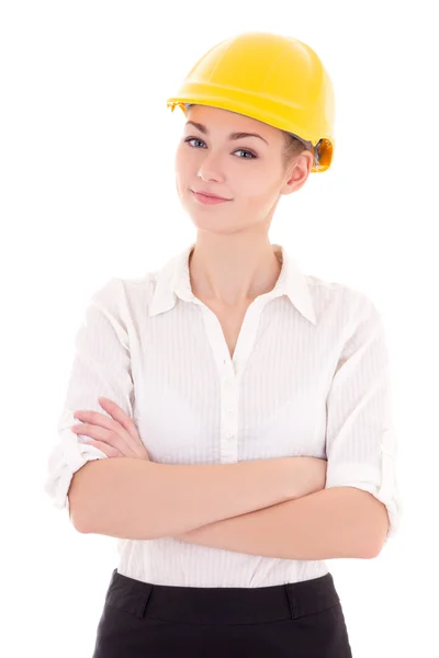 Portrait de femme d'affaires architecte en casque jaune constructeur j'ai — Photo