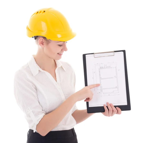 Business woman architect in yellow builder helmet presenting bui — Stock Photo, Image