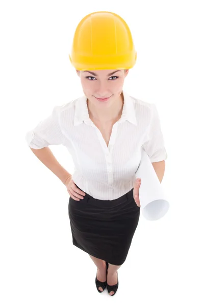 Portrait of funny business woman architect in yellow builder hel — Stock Photo, Image