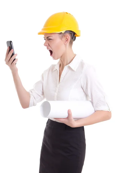 Angry business woman architect in yellow builder helmet shouting — Stock Photo, Image