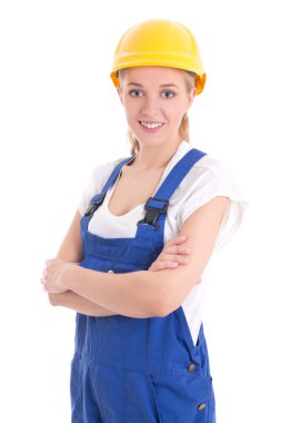 Builder'da whit üzerinde izole mavi üniforma genç kadın portresi