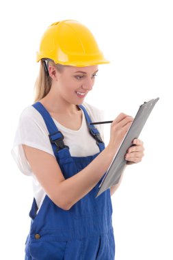 genç kadın mavi Builder bir şey clipboa üzerinde yazma üniforma