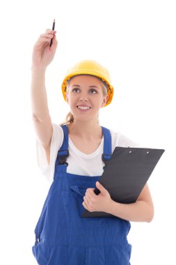 kadın mavi Builder bir şey yazma pano ile Tekdüzen ben