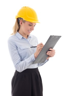 iş kadını Oluşturucusu kask bir şey içinde clipboard yazma içinde 