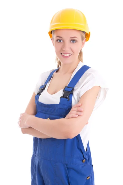 Builder'da whit üzerinde izole mavi üniforma genç kadın portresi — Stok fotoğraf