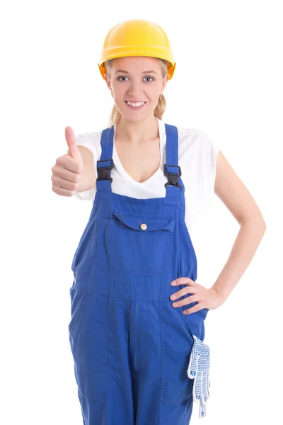 Portret van een jonge vrouw in blauwe bouwer uniforme duimschroef opwaarts isolat — Stockfoto