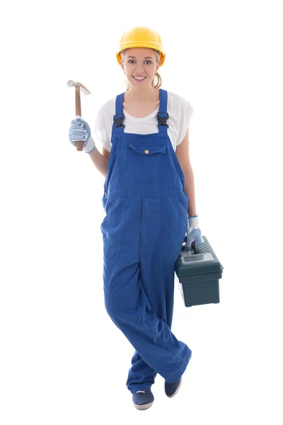 Femme en uniforme avec boîte à outils et marteau o isolé bleu builder — Photo