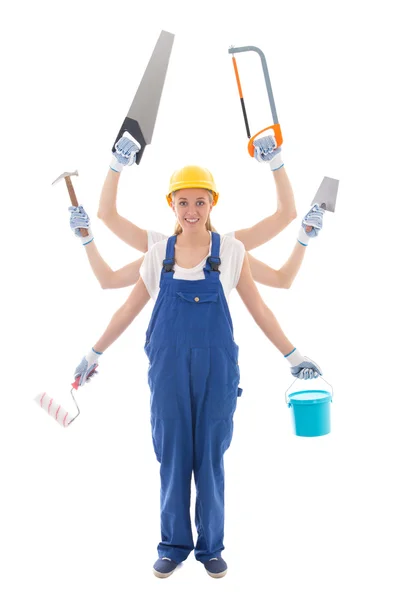 Концепція будівництва жінка в уніформі будівельника з 6 руками тримає — стокове фото