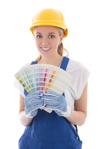 Young woman painter in blue builder uniform with colorful palett — Stock Photo, Image