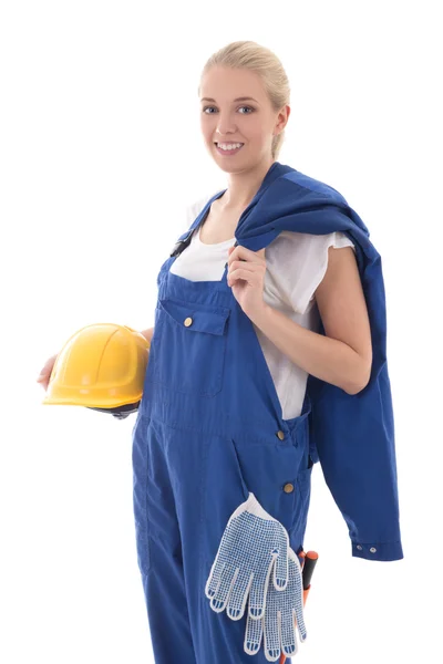 Werkkleding concept - gelukkig jonge vrouw in blauwe bouwer uniforme hol — Stockfoto