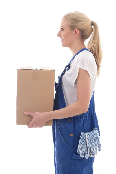 Concepto de entrega - vista lateral de la mujer en ropa de trabajo azul con tarjeta —  Fotos de Stock
