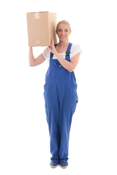 Έννοια της παράδοσης - γυναίκα σε μπλε ρουχισμός εργασίας με κουτί από χαρτόνι για — Φωτογραφία Αρχείου
