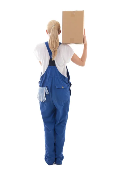 Concepto de entrega - vista trasera de la mujer en ropa de trabajo azul con coche — Foto de Stock