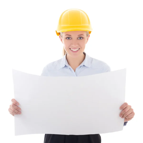 Negocio feliz mujer arquitecto en tenencia de casco constructor amarillo — Foto de Stock