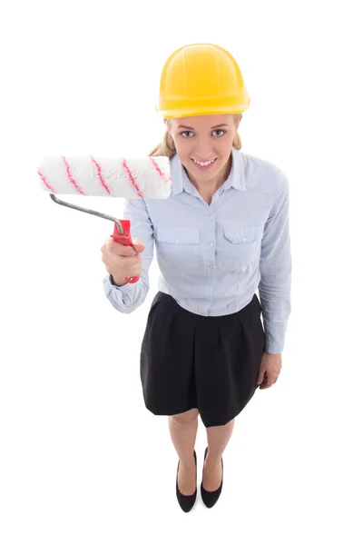 Divertido retrato de mujer de negocios en el casco de constructor con pintura br — Foto de Stock