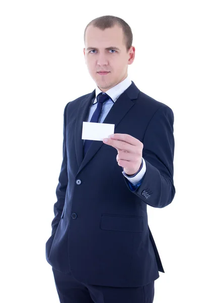 Jeune beau homme d'affaires en costume tenant porte-cartes isoler — Photo