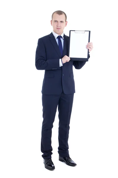 Full length portrait of handsome business man in suit with blank — Stock Photo, Image