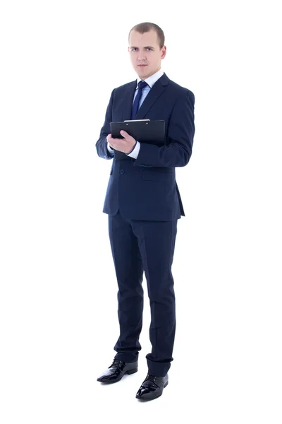 Full length portrait of young businessman in suit holding clipbo — Stock Photo, Image