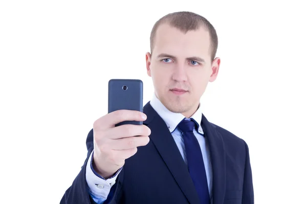 Business man taking selfie photos with mobile camera isolated on — Stock Photo, Image