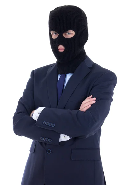 Korruption-Konzept - Mann im Geschäft passen und schwarzer Maske isolieren — Stockfoto