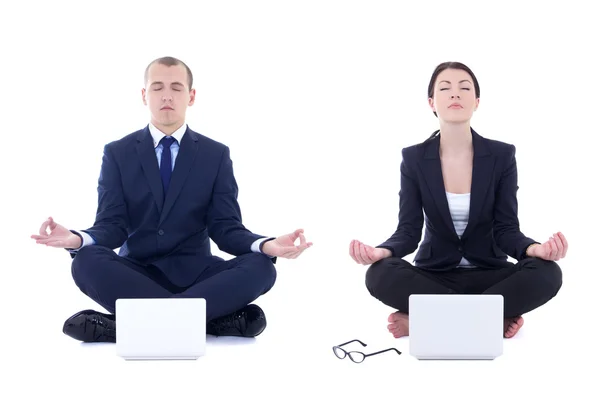 Young business man and beautiful business woman sitting in yoga — Stock Photo, Image