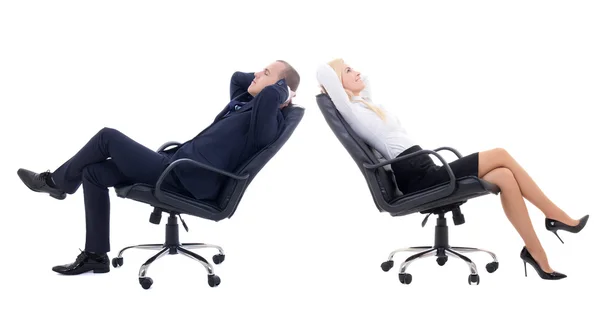 Zakenvrouw en business man zit op stoelen van het Bureau isoleren — Stockfoto