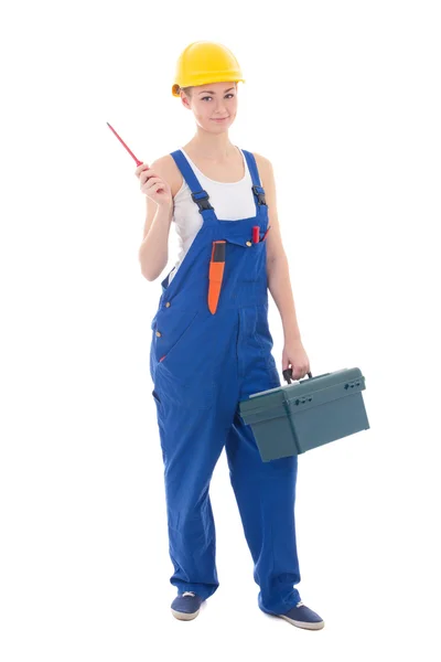 Young beautiful woman builder in workwear with toolbox and screw — kuvapankkivalokuva