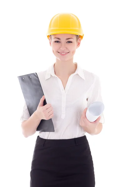 Счастливый молодой деловой женщина - архитектор в шлеме строителя изолирован — стоковое фото