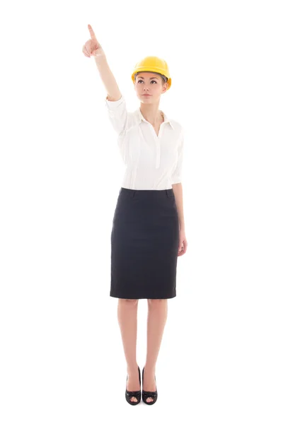 Business woman architect in yellow builder helmet pointing at so — Stock Photo, Image
