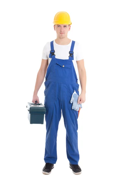 Homem no Construtor uniforme e capacete com toolbox isolado no branco — Fotografia de Stock
