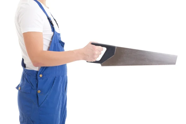 Manual saw in builder's hand isolated on white — Stock Photo, Image