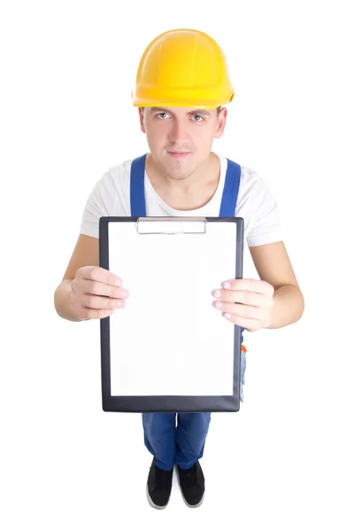 Concepto de contrato - hombre en portapapeles muestra uniforme de constructor con — Foto de Stock