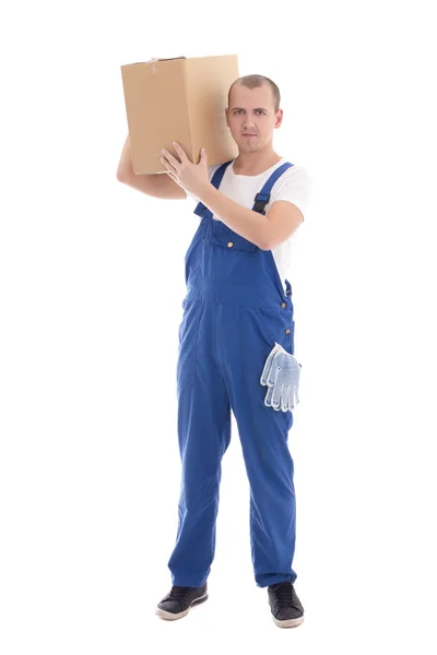 Concept de livraison - homme en tenue d'isolat de boîte en carton de vêtements de travail — Photo