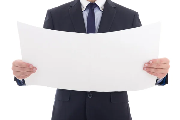 Czysty papier z kopia miejsce w ręce człowieka biznesu na białym tle na wh — Zdjęcie stockowe