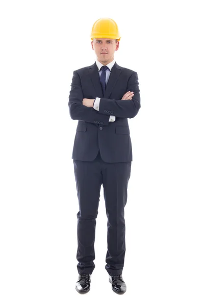 Full length portrait of handsome business man in yellow builder' — Stock Photo, Image