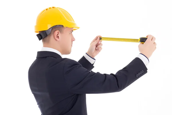 Back view of business man or architect in yellow builder's helme — Stock Photo, Image