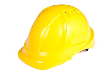 builder's kask üzerinde beyaz izole sarı