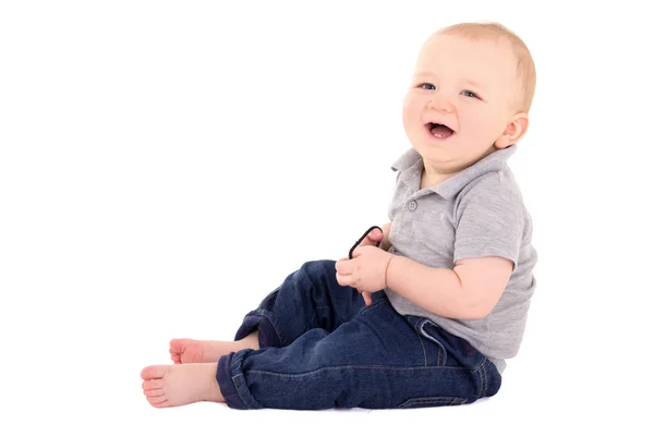 Funny little baby boy småbarn skrattar isolerade på vit — Stockfoto