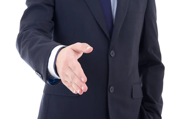 Mão de homem de negócios estendido para aperto de mão isolado no branco — Fotografia de Stock