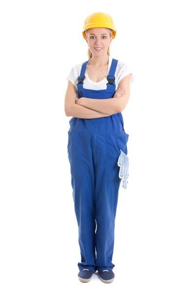 Jonge vrouw in blauwe bouwer uniforme geïsoleerd op wit — Stockfoto