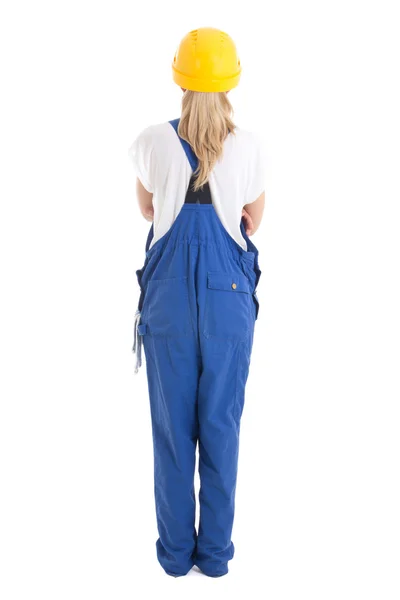 Achteraanzicht van vrouw in blauwe bouwer uniforme geïsoleerd op wit — Stockfoto