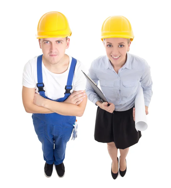 Team work concept - handsome man in builder's and beautiful woma — Stock Photo, Image