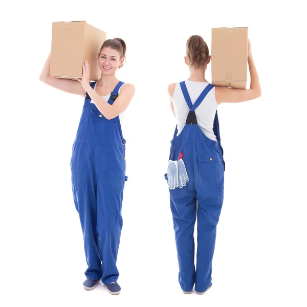 Frente e vista traseira do jovem mulher atraente em azul workwear w — Fotografia de Stock