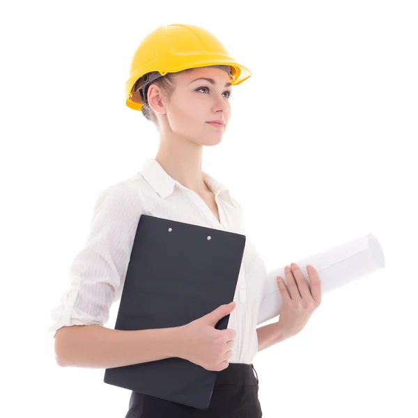 Business woman architect in yellow builder helmet isolated on wh — Stock Photo, Image