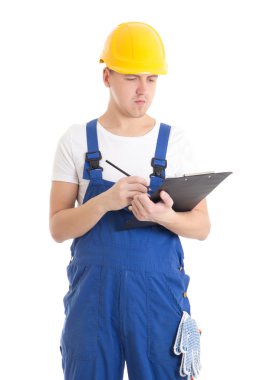 mavi üniformalı ve bir şey klipte yazma kask adam Oluşturucu