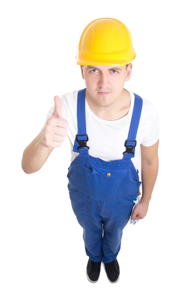 Full length portrait of young handsome man builder in blue unifo — Stock Photo, Image