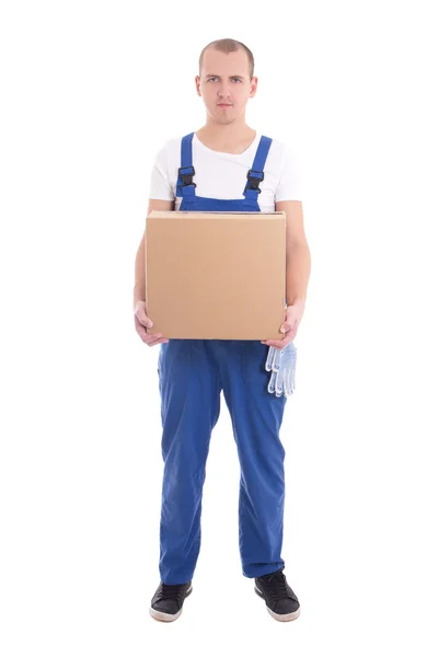Levering concept - man in werkkleding met kartonnen doos geïsoleerde o — Stockfoto